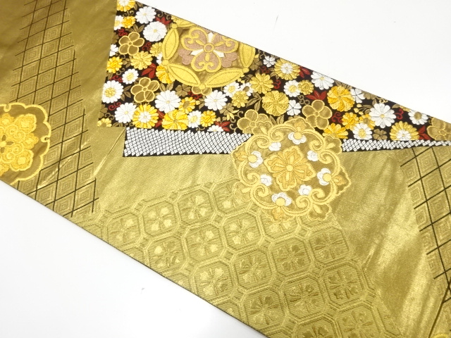 JAPANESE KIMONO / FUKURO OBI FOR FURISODE / SILK / WOVEN FLORAL CREST & FLOWERS & CLASSICAL PATTERN